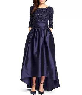 Adrianna Papell 091919630 Sequined High Low Bow Accent Gown - 1 pc Navy in Size 8 Available