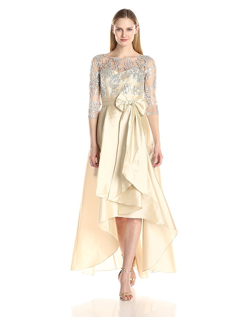 Adrianna Papell - 81916970 Quarter Sleeve Ribbon Ornate High Low Gown