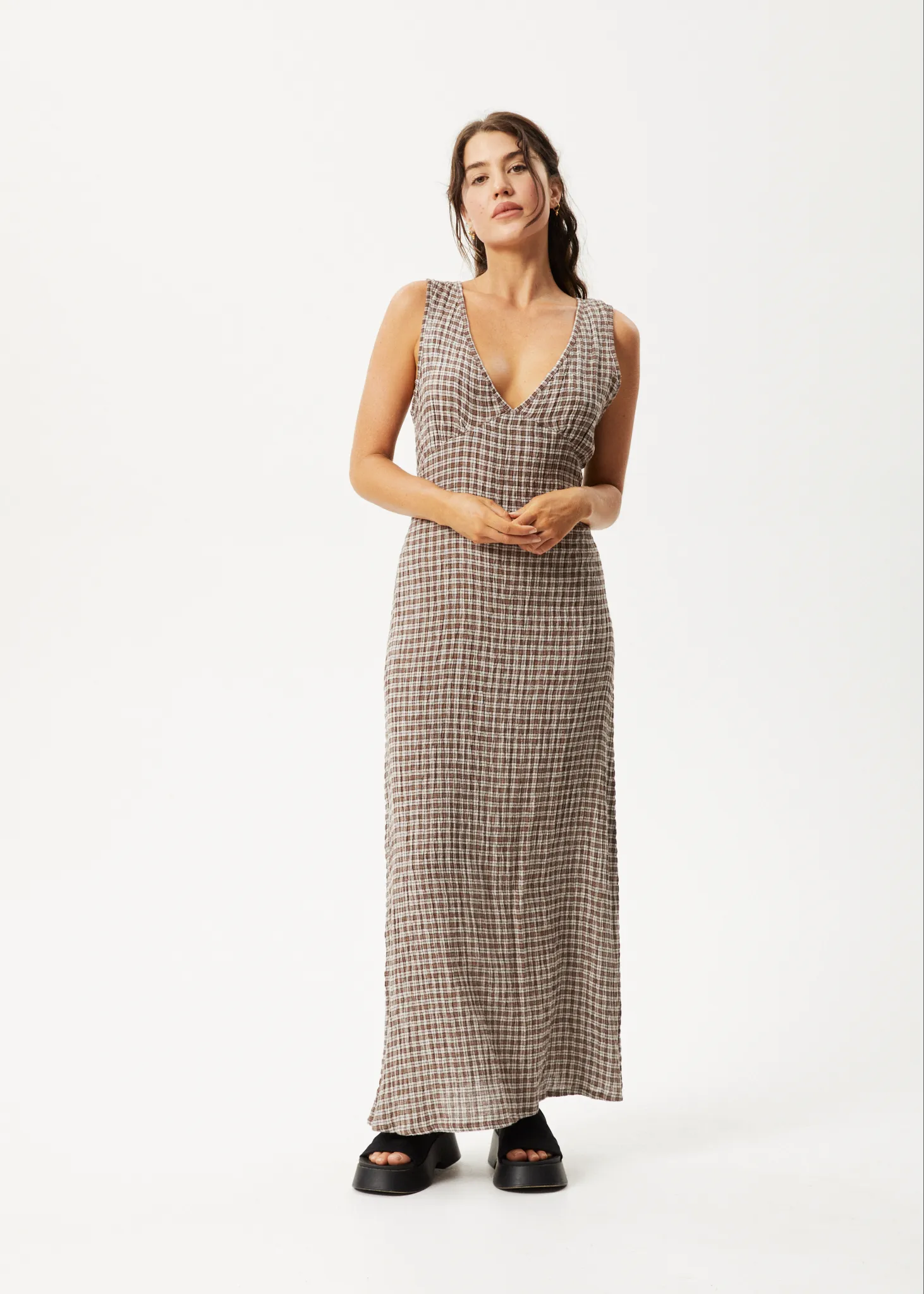 AFENDS Womens Base - Seersucker Check Maxi Dress - Coffee Check