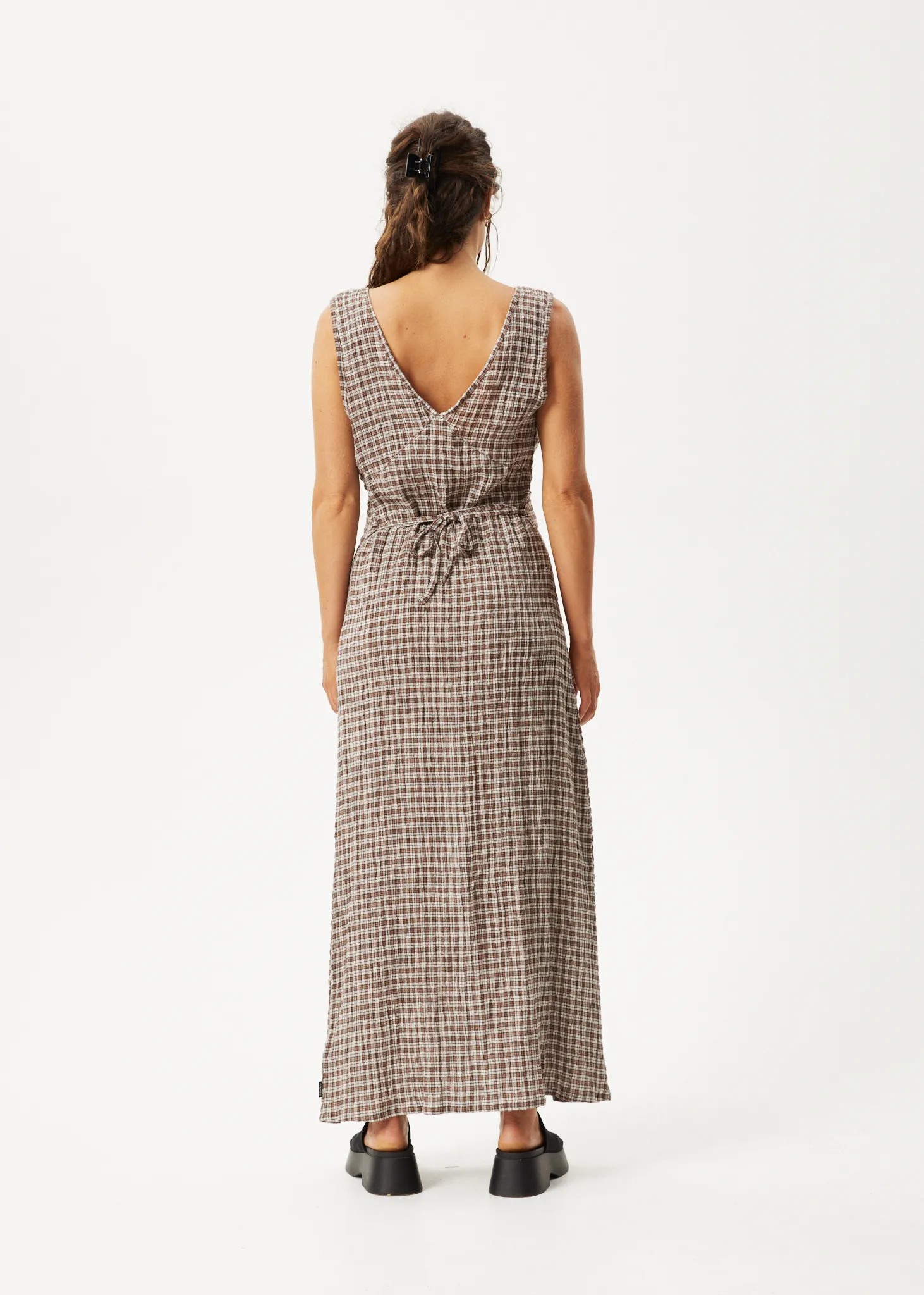 AFENDS Womens Base - Seersucker Check Maxi Dress - Coffee Check