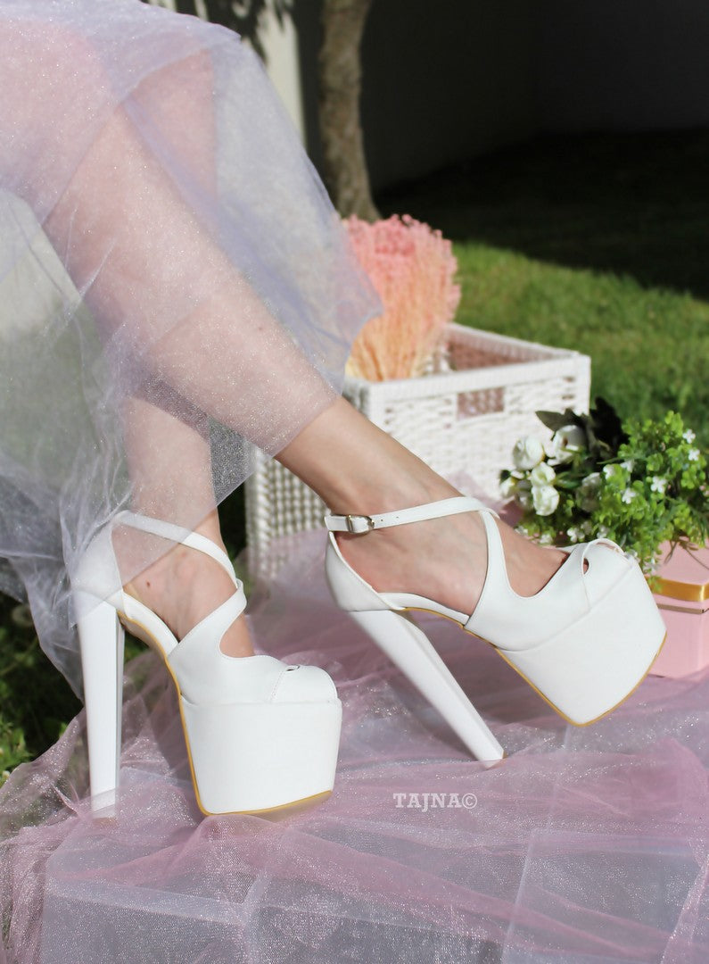 Ankle Cross Strap Peep Toe White Platform Shoes