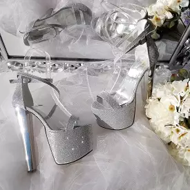 Ankle Strap Silver Shimmer 19 cm High Heel Platform Shoes