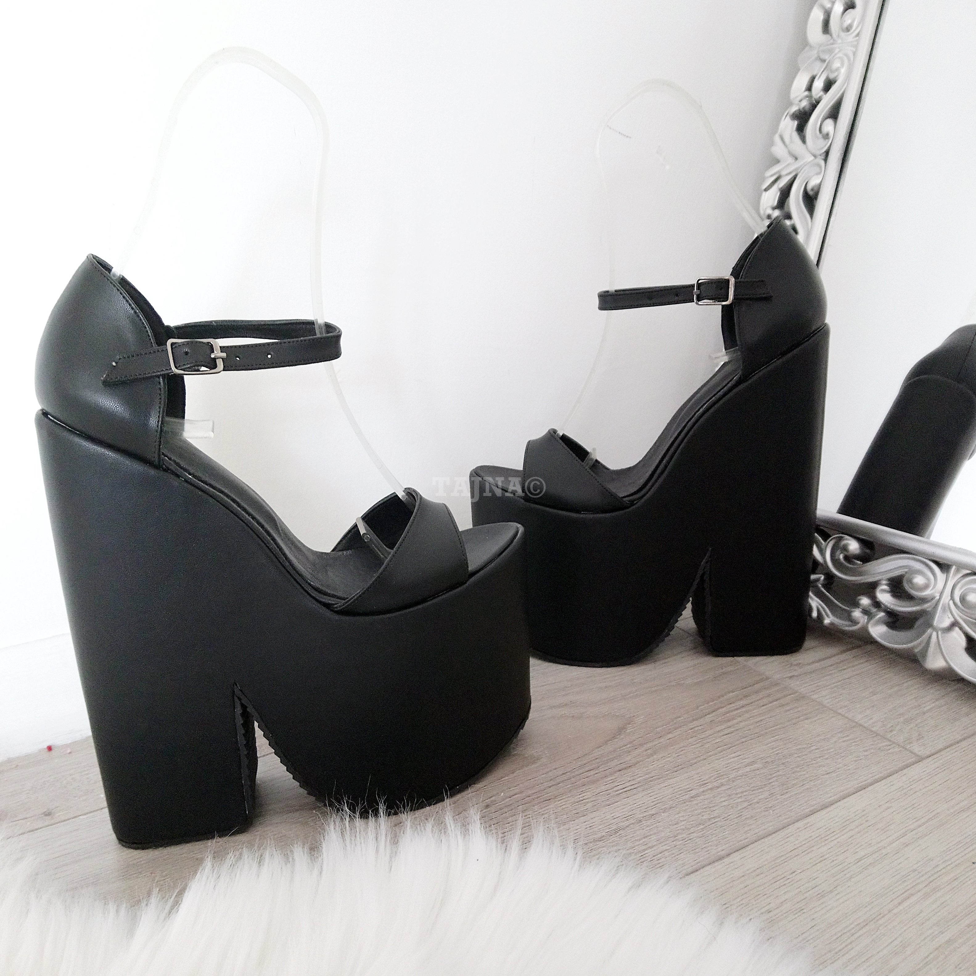 Black Single Strap Chunky Platform Wedge Shoes