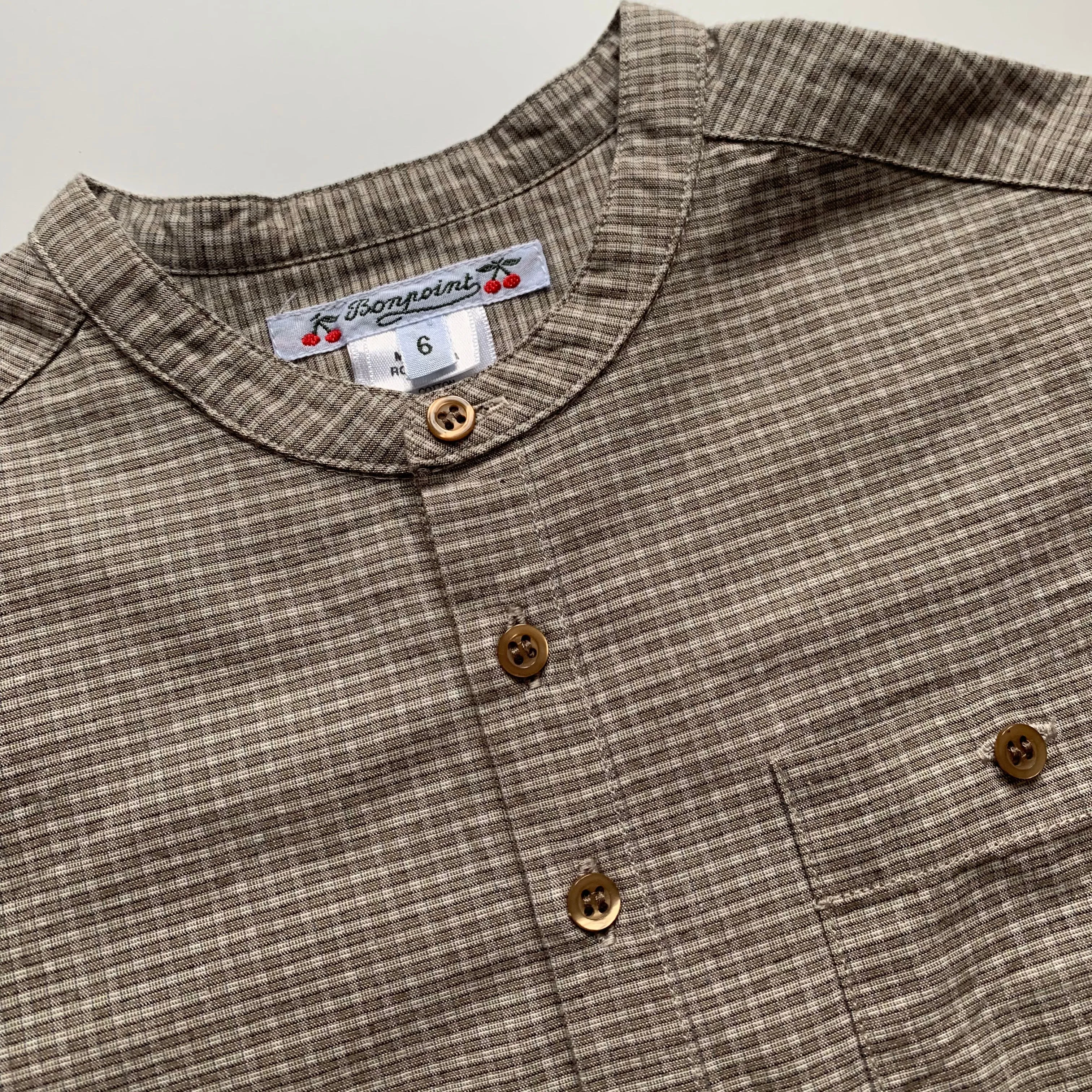 Bonpoint Taupe Check Collarless Shirt: 6 Years