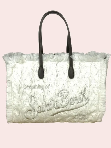 BORSA BIANCA TRICOT CON LOGO ARGENTO