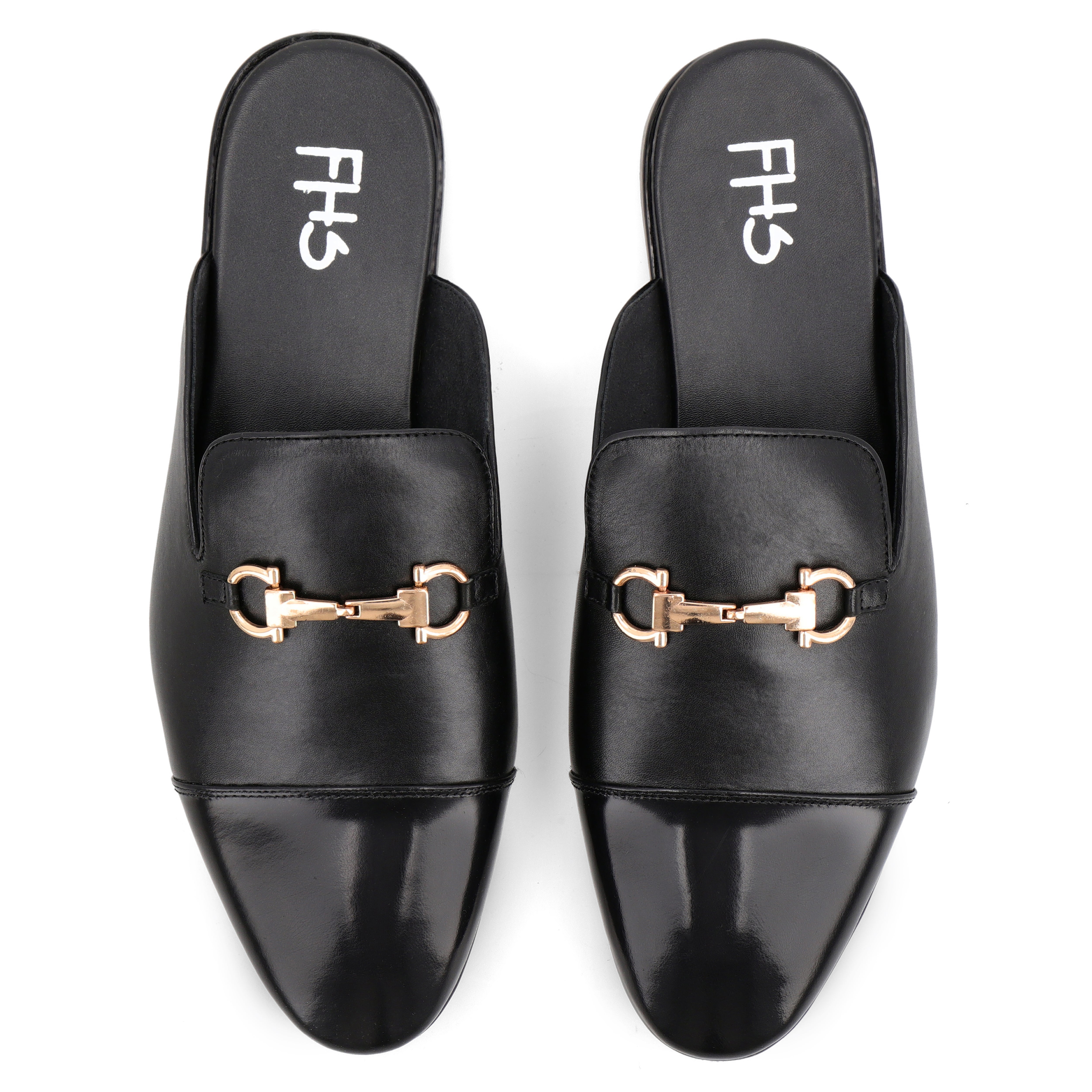 Brass Buckled Mules - Black