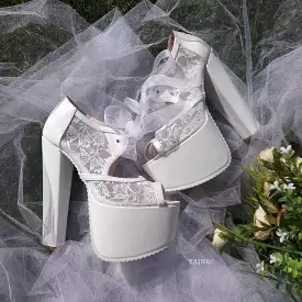 Bridal White Lace Shoes With Chunky High Heel Platforms