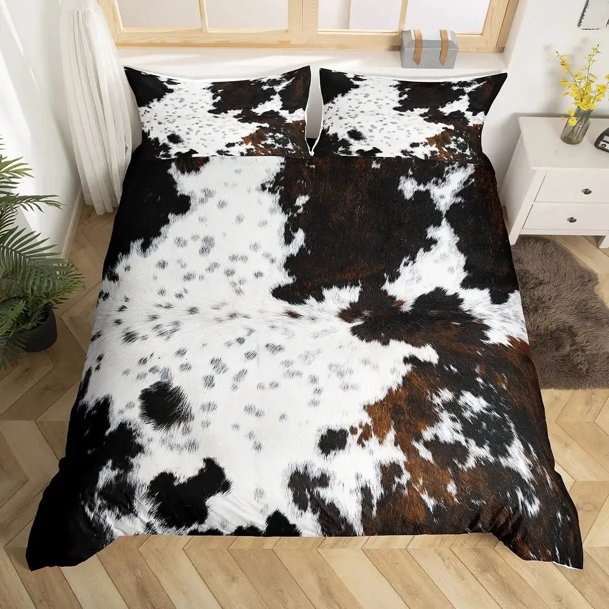 Cowhide Duvet Cover Set King Size Patchwork Cow Fur Print Farm Animal Bedding Set Microfiber Western Farmhouse Style Quilt Cover