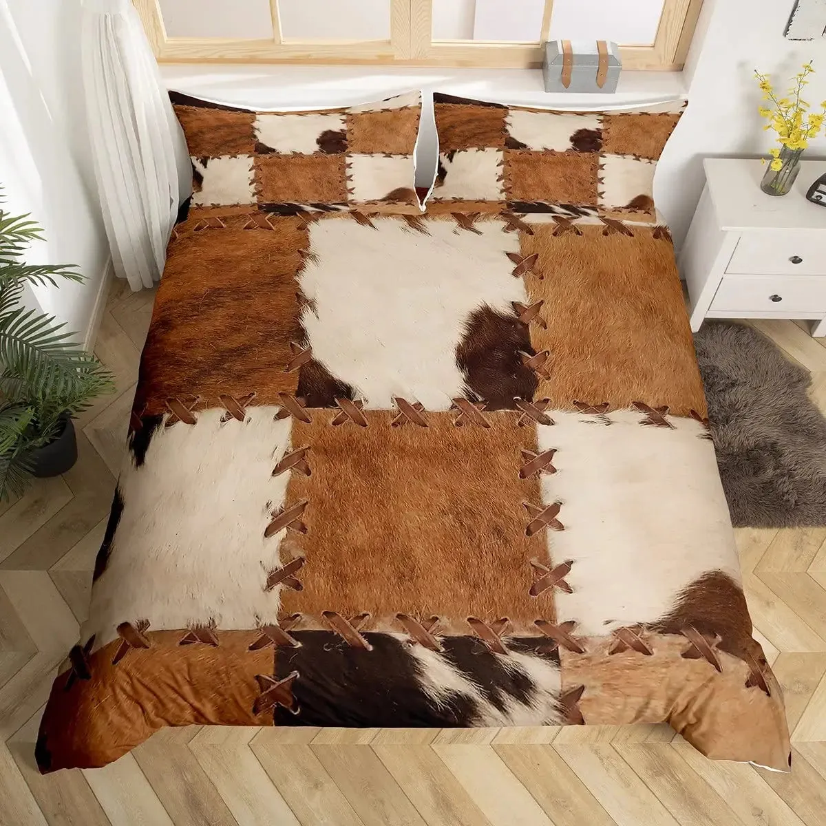 Cowhide Duvet Cover Set King Size Patchwork Cow Fur Print Farm Animal Bedding Set Microfiber Western Farmhouse Style Quilt Cover