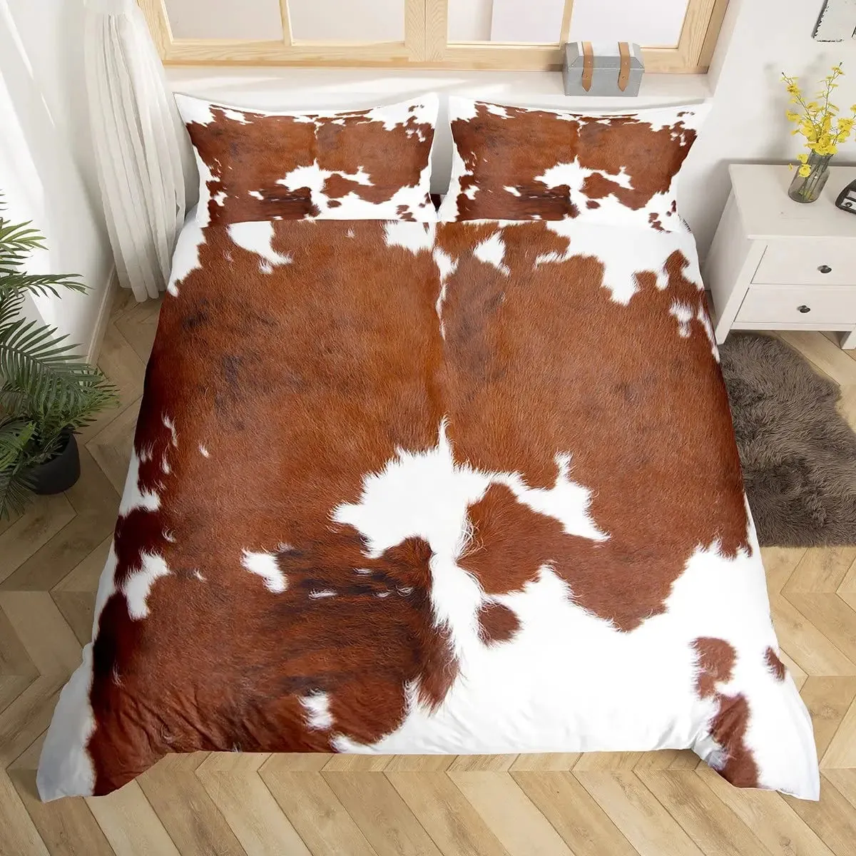 Cowhide Duvet Cover Set King Size Patchwork Cow Fur Print Farm Animal Bedding Set Microfiber Western Farmhouse Style Quilt Cover