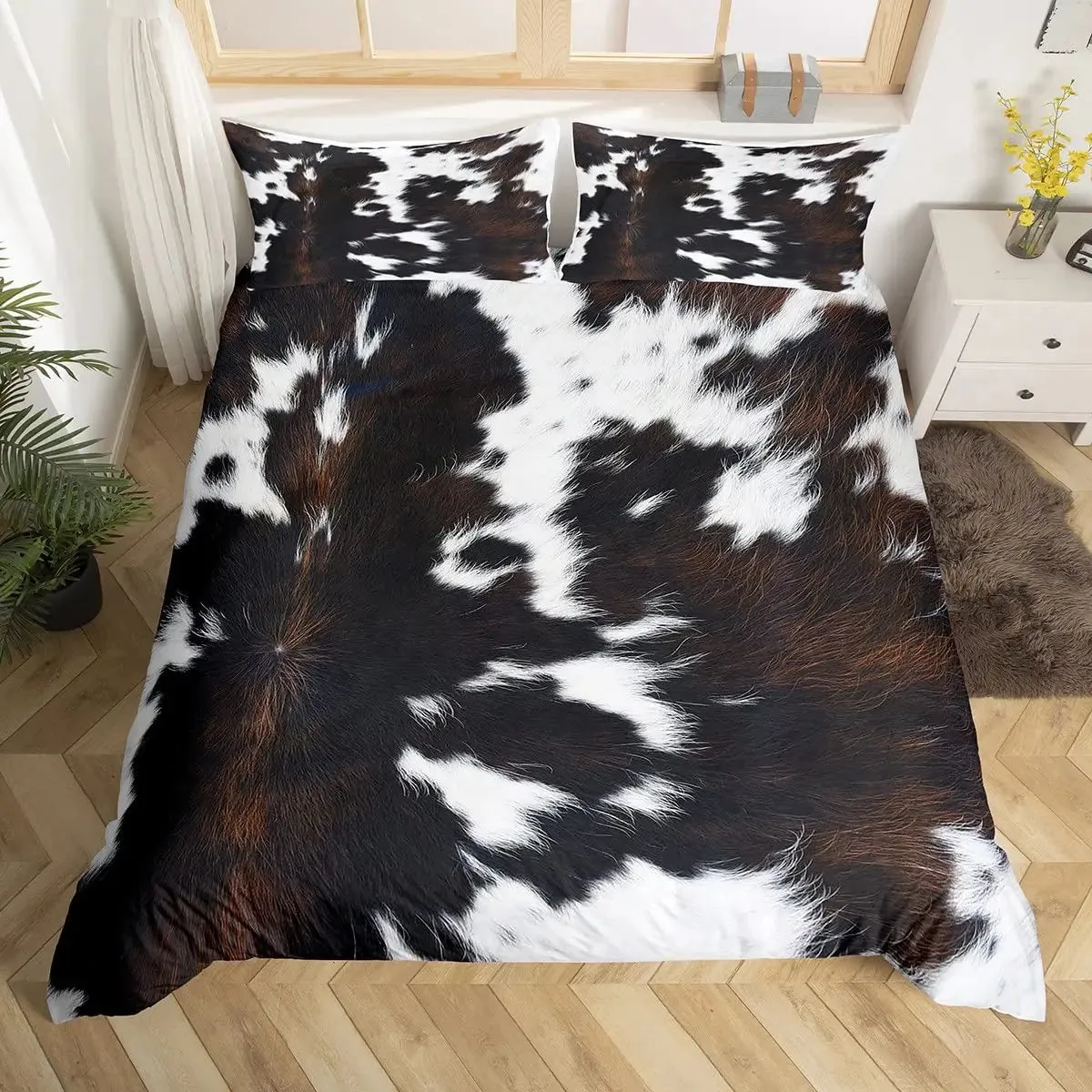 Cowhide Duvet Cover Set King Size Patchwork Cow Fur Print Farm Animal Bedding Set Microfiber Western Farmhouse Style Quilt Cover