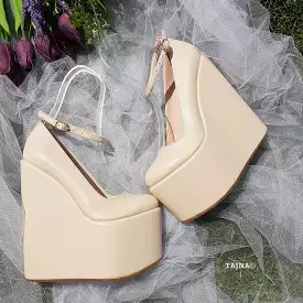 Cream Ankle Strap Wedding High Heel Platform Wedge Shoes