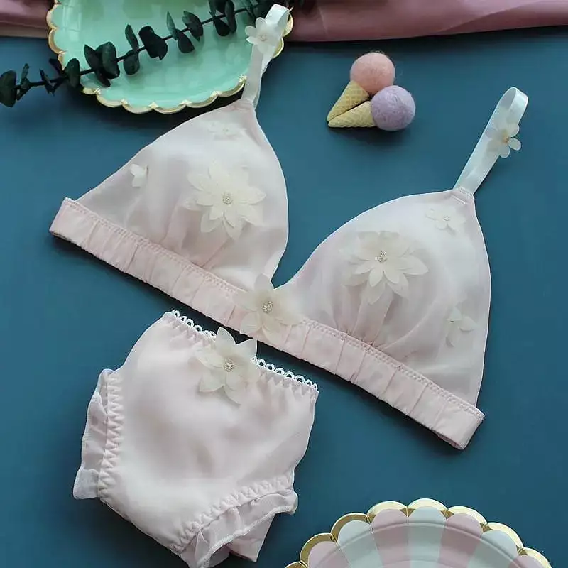 Cute White/Green/Pink 3D Flower Decorated Fairy Lolita Lingerie Set MM1177