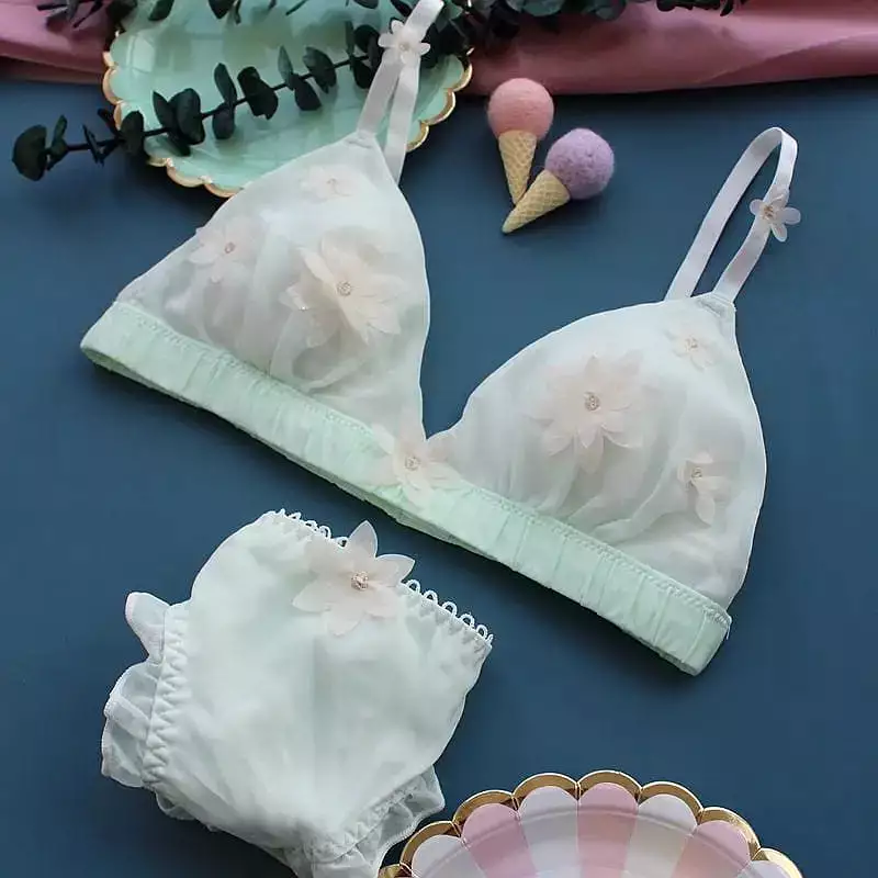 Cute White/Green/Pink 3D Flower Decorated Fairy Lolita Lingerie Set MM1177