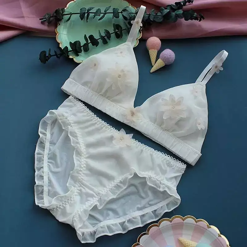 Cute White/Green/Pink 3D Flower Decorated Fairy Lolita Lingerie Set MM1177