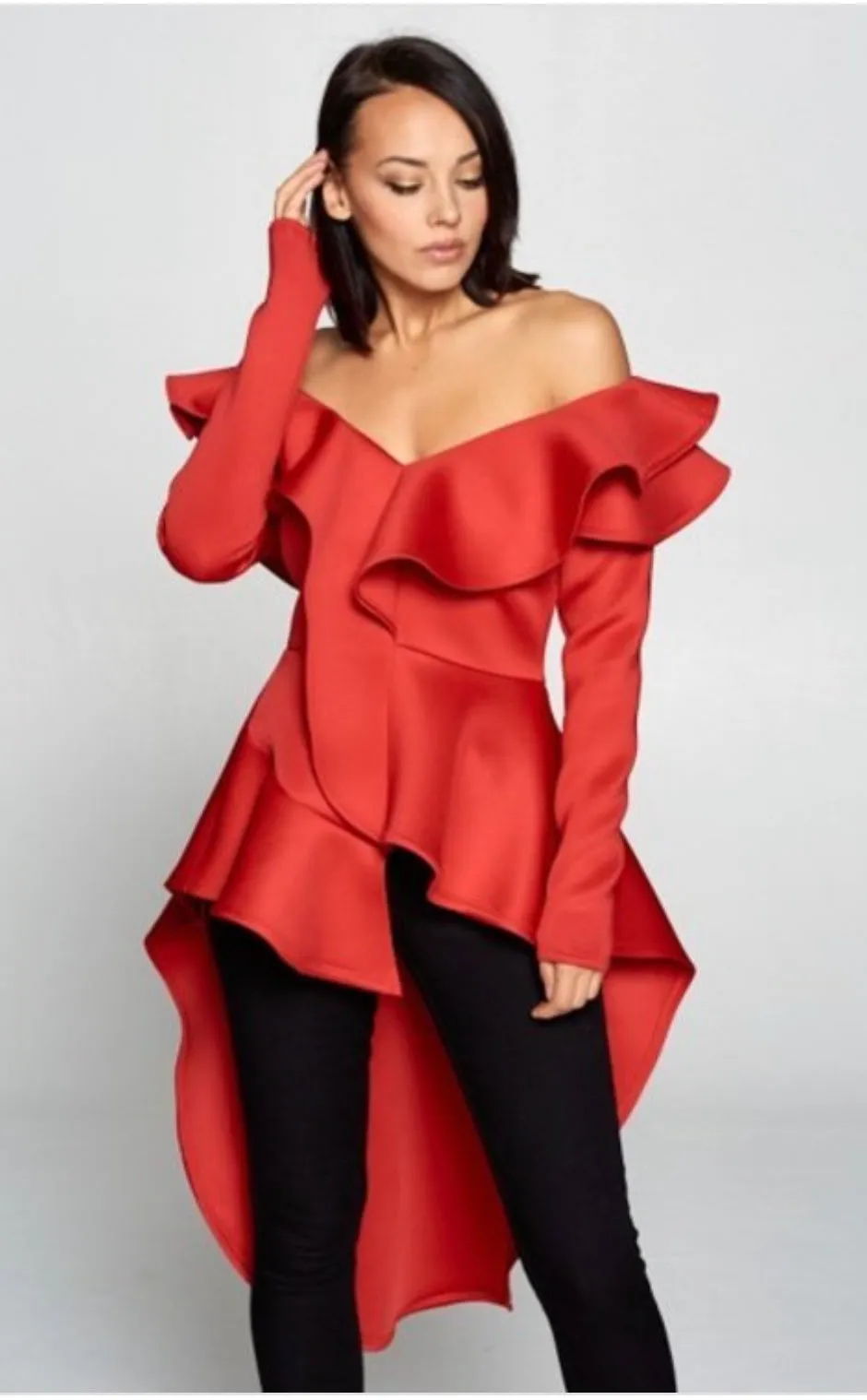 Drama Queen Red Off Shoulder Ruffled Hi Low Top