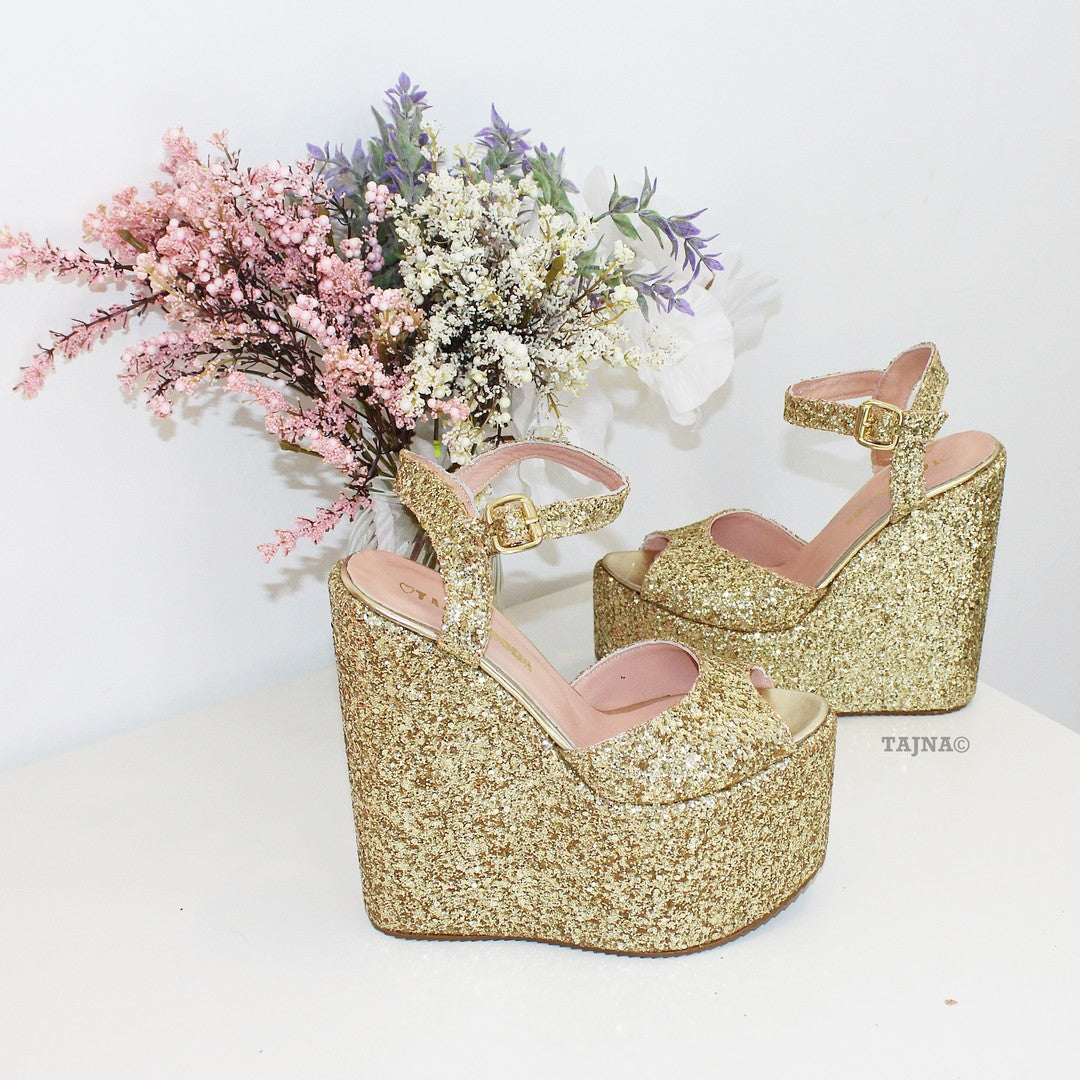 Gold Glitter Bridal High Heel Platform Shoes