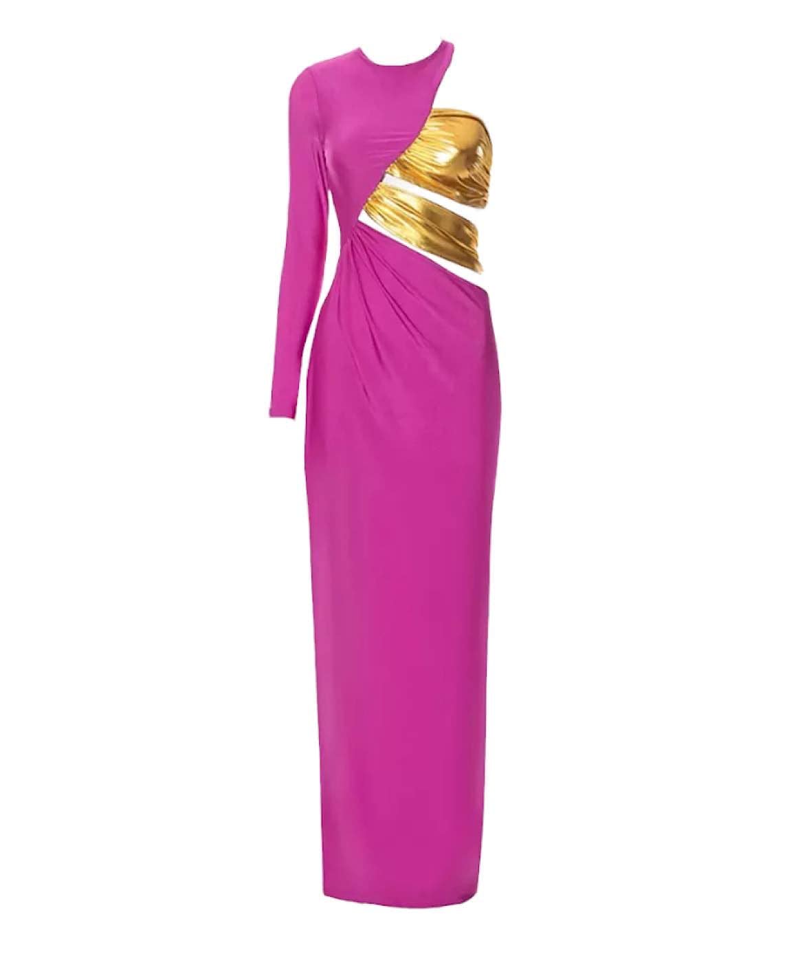 Gold Purple Ruched Long Gown