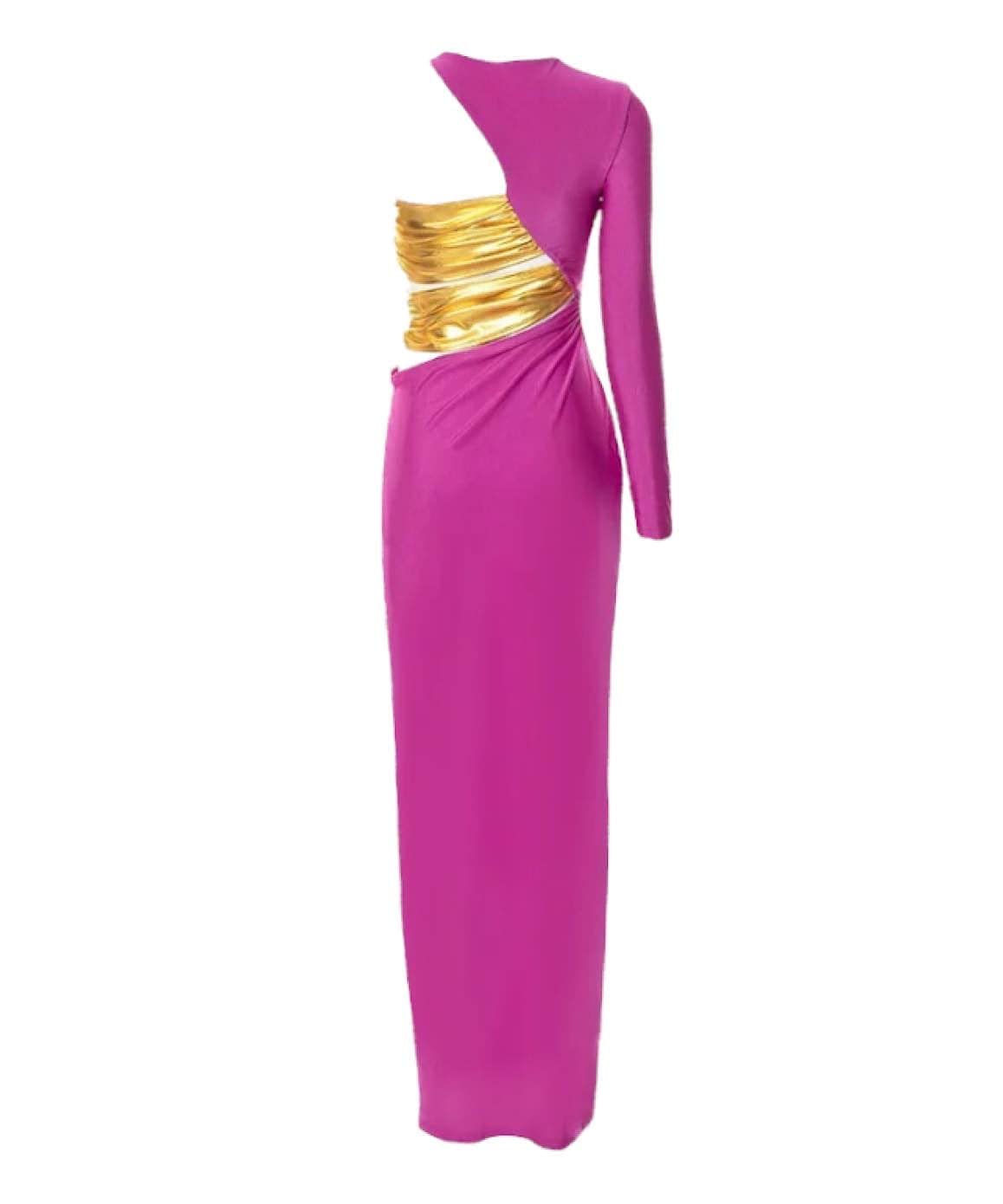 Gold Purple Ruched Long Gown