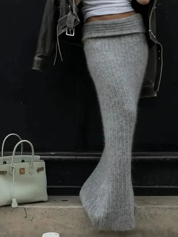 Grey Knitted Long Skirt Women Vintage Streetwear Low Waist Sexy Bodycon Elegant Maxi Tight Skirt Autumn Winter Y2k