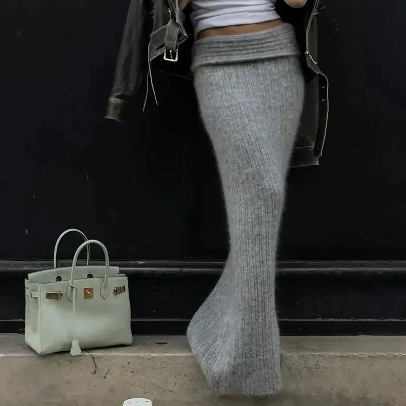 Grey Knitted Long Skirt Women Vintage Streetwear Low Waist Sexy Bodycon Elegant Maxi Tight Skirt Autumn Winter Y2k