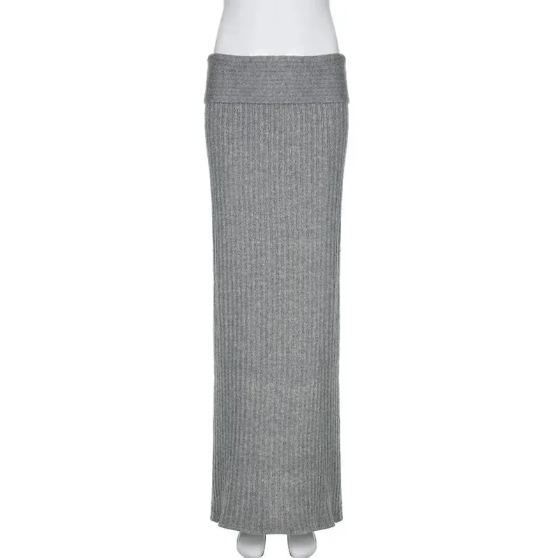 Grey Knitted Long Skirt Women Vintage Streetwear Low Waist Sexy Bodycon Elegant Maxi Tight Skirt Autumn Winter Y2k