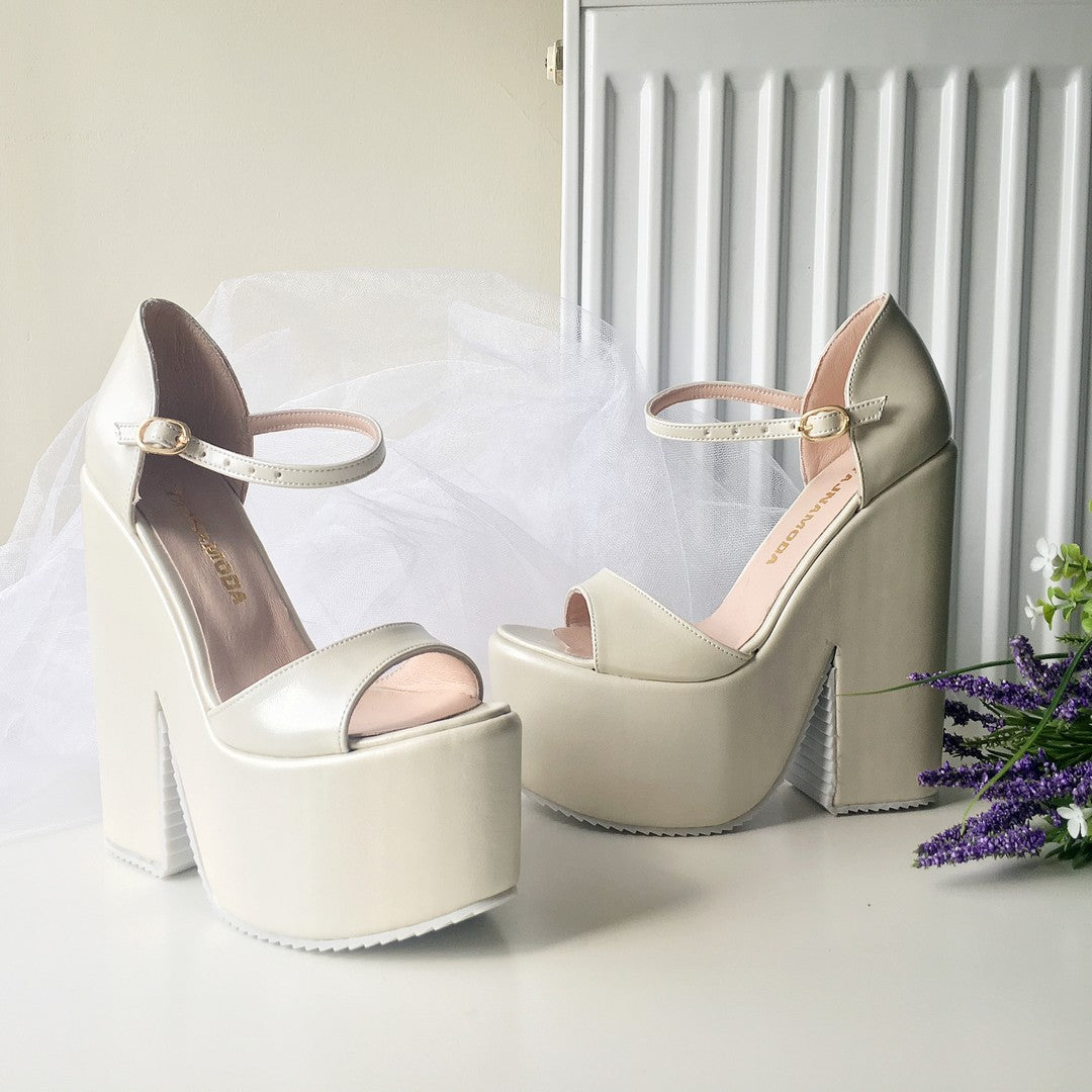 Ivory Cream High Heel Wedge Platform Wedding Shoes