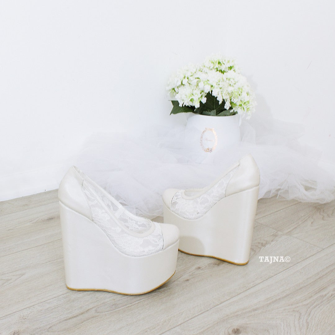 Ivory White Lace Platform Heel Wedding Shoes