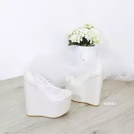 Ivory White Lace Platform Heel Wedding Shoes