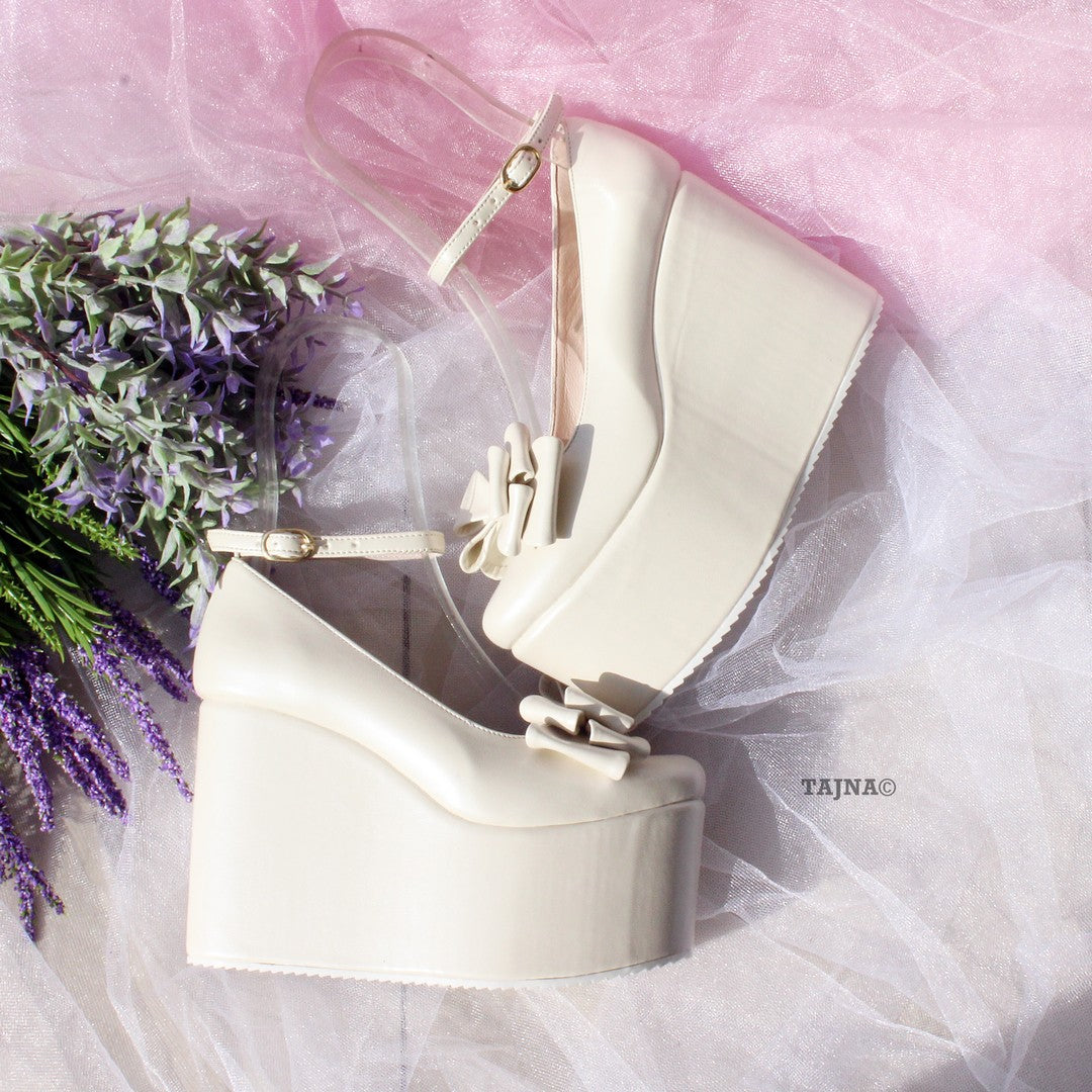 Ivory White Ribbon Ankle Strap Wedge Bridal Shoes