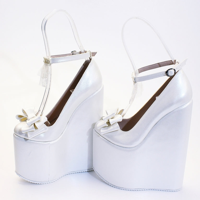 Ivory White Ribbon Wedding High Heel Platform Wedge Shoes