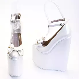 Ivory White Ribbon Wedding High Heel Platform Wedge Shoes