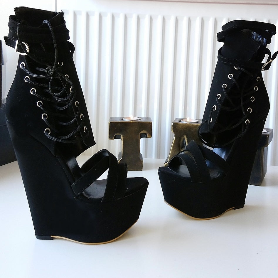 Lace Up Black  High Heel Wedge Shoes