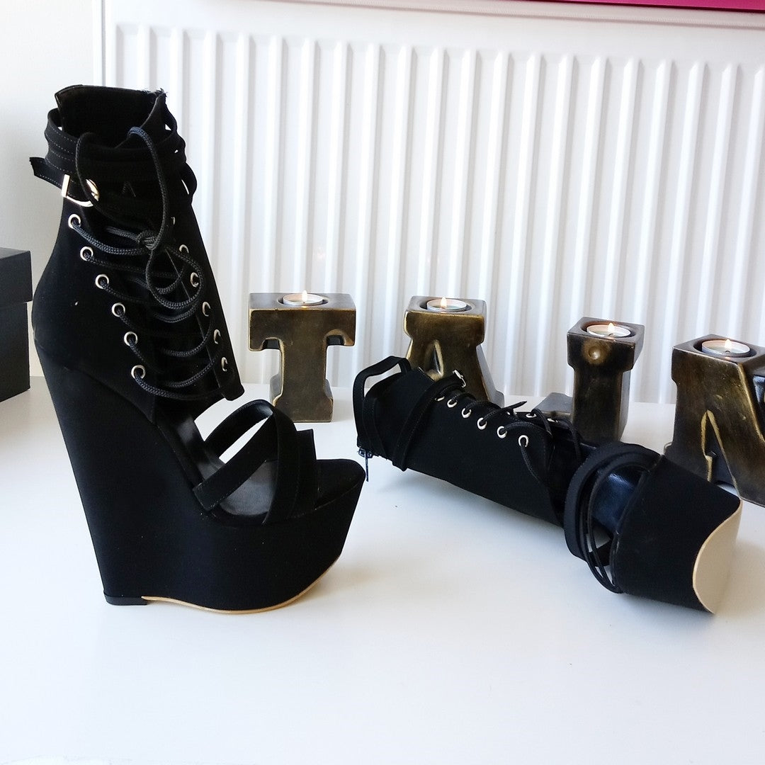 Lace Up Black  High Heel Wedge Shoes