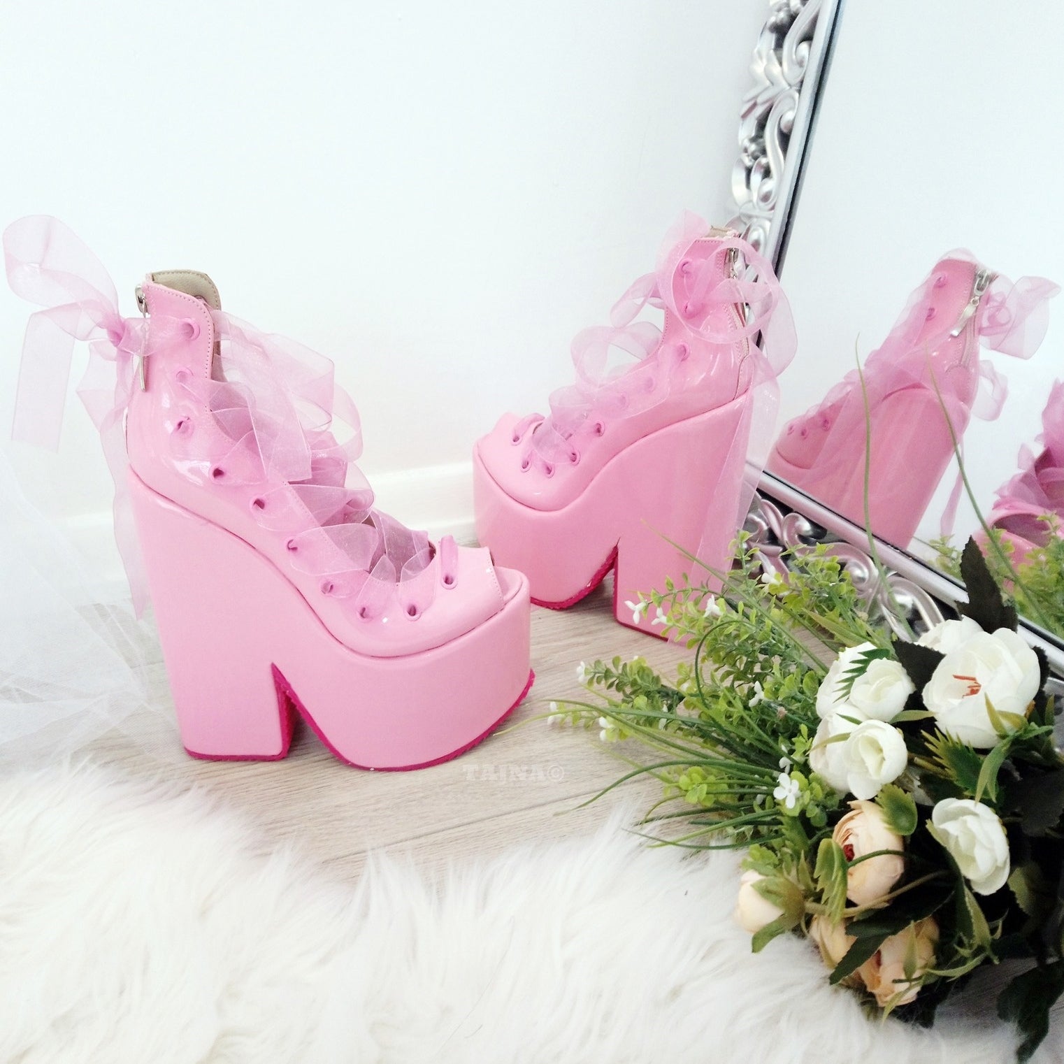 Lace Up Designer Light Pink Wedge Platform Shoes