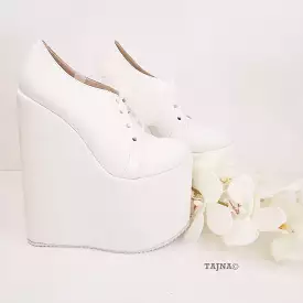 Lace Up Platform White Wedge Bridal Shoes