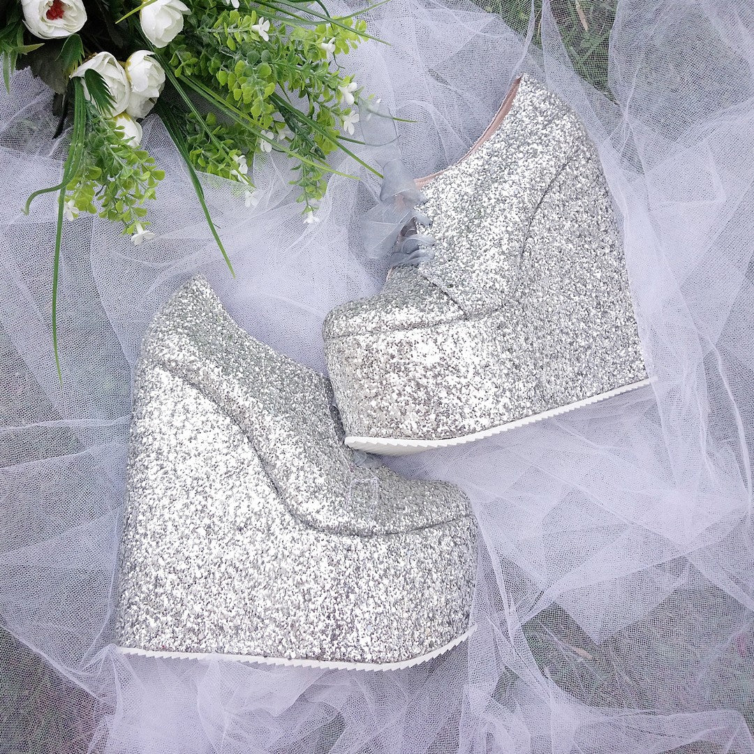 Lace Up Silver Shimmer Platform Wedge Shoes