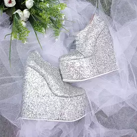 Lace Up Silver Shimmer Platform Wedge Shoes