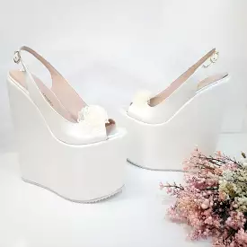 Lacy Ivory White Pee Toe Platform Wedge Bride Shoes