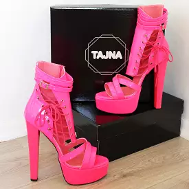 Neon Pink Lace Up Super High Heel Platform Shoes