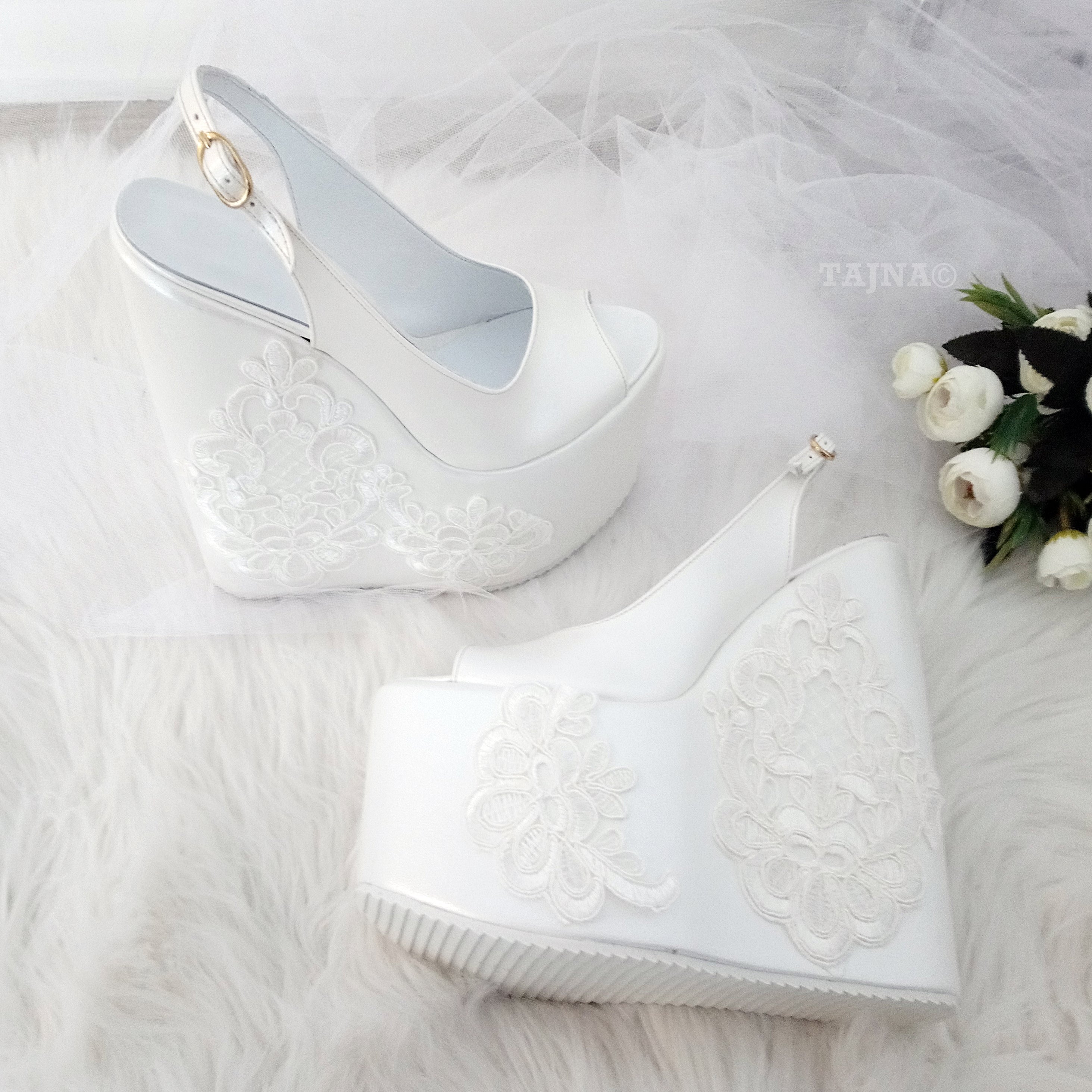 Peep Toe Platform Ivory White Lace  Wedding  Wedge Shoes