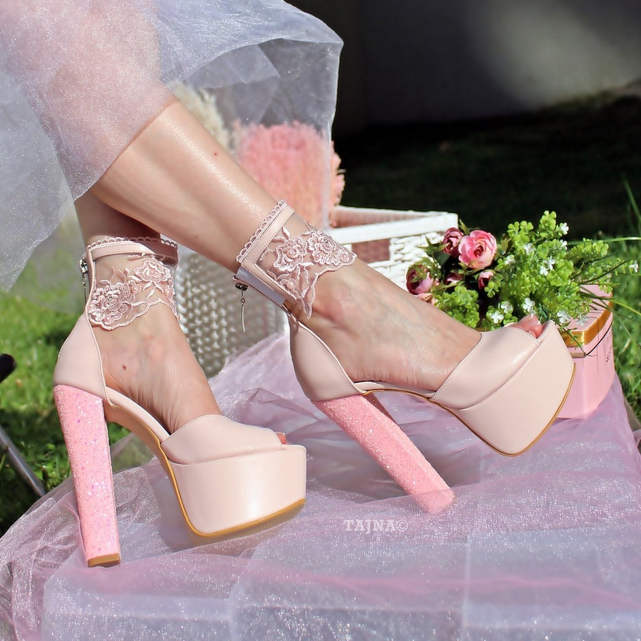 Powder Pink Lace High Heel Platform Bride Shoes