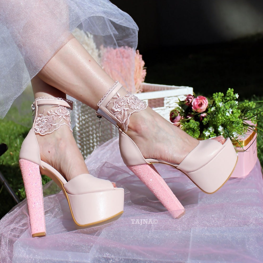 Powder Pink Lace High Heel Platform Bride Shoes