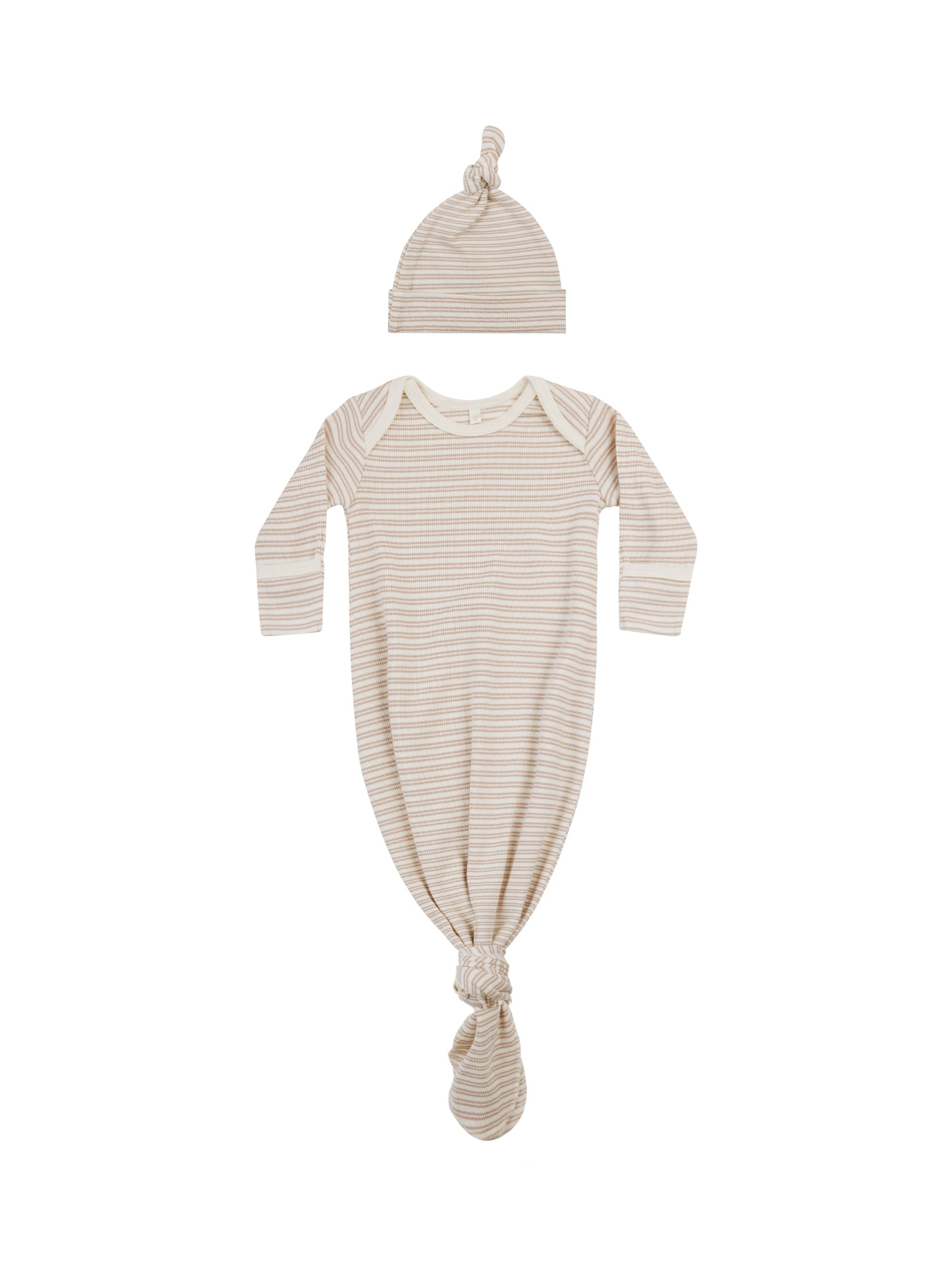 Quincy Mae - Oat Stripe Knotted Baby Gown Set