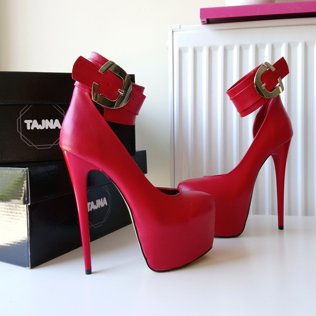 Red Belted Ankle Strap Platform Shoes