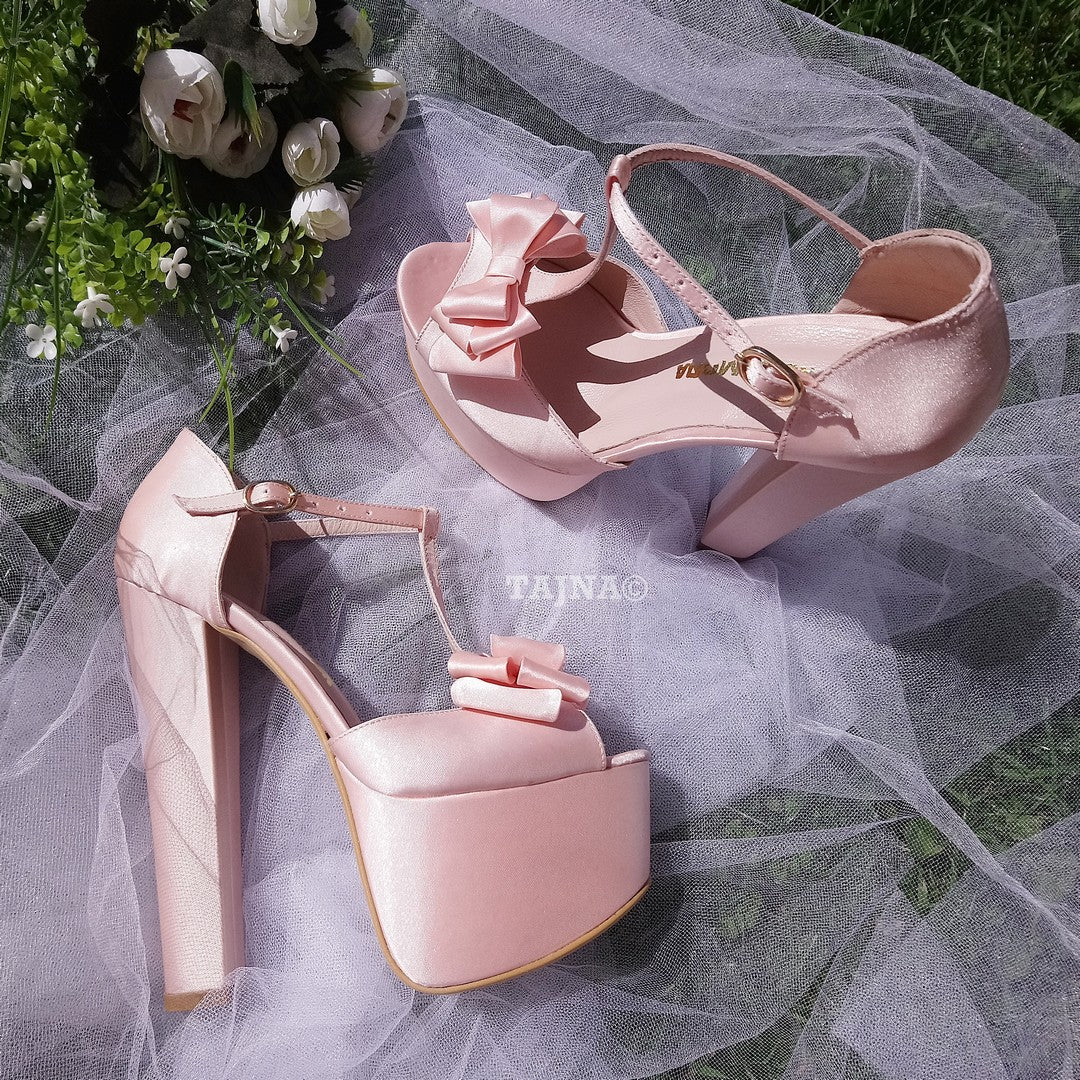 Satin Pink Chunky Heel Platform Wedding Shoes with Ribbon