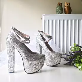 Silver Shimmer Glitter High Heel Platform Shoes