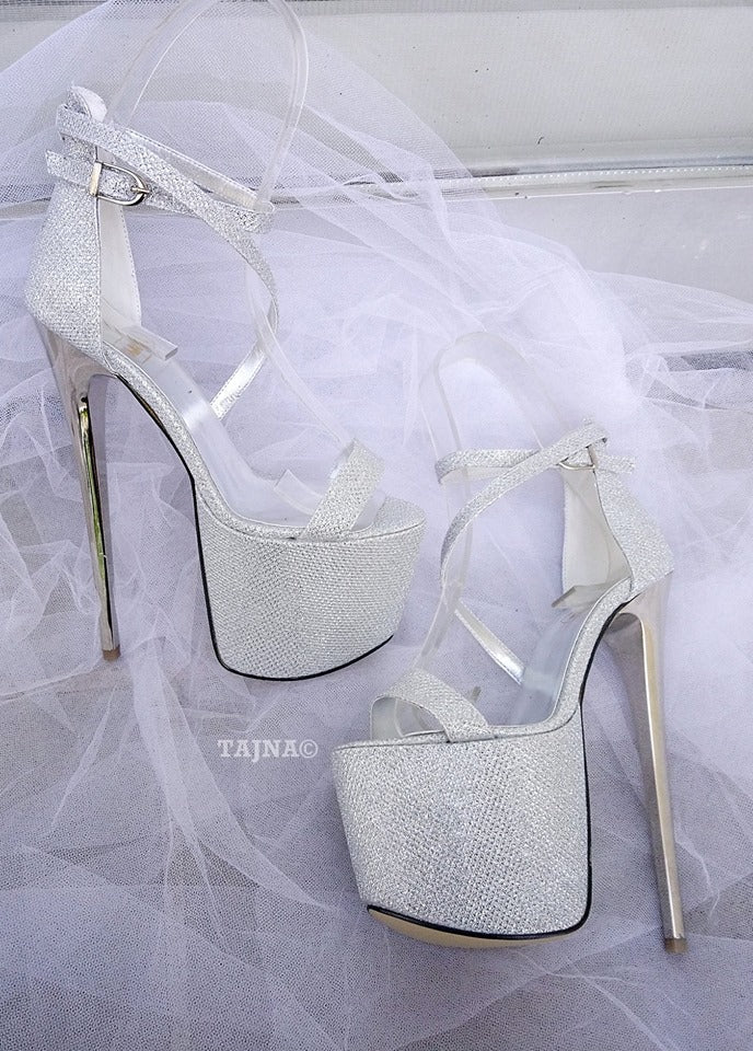 Silver Shine Ankle Strap High Heel Platform Shoes