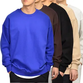 Solid Plain Casual Long Sleeved Sweatshirts Mens Crewneck Tops Napping Heavy Loose Fit Made in Korean Fashion Kpop Style