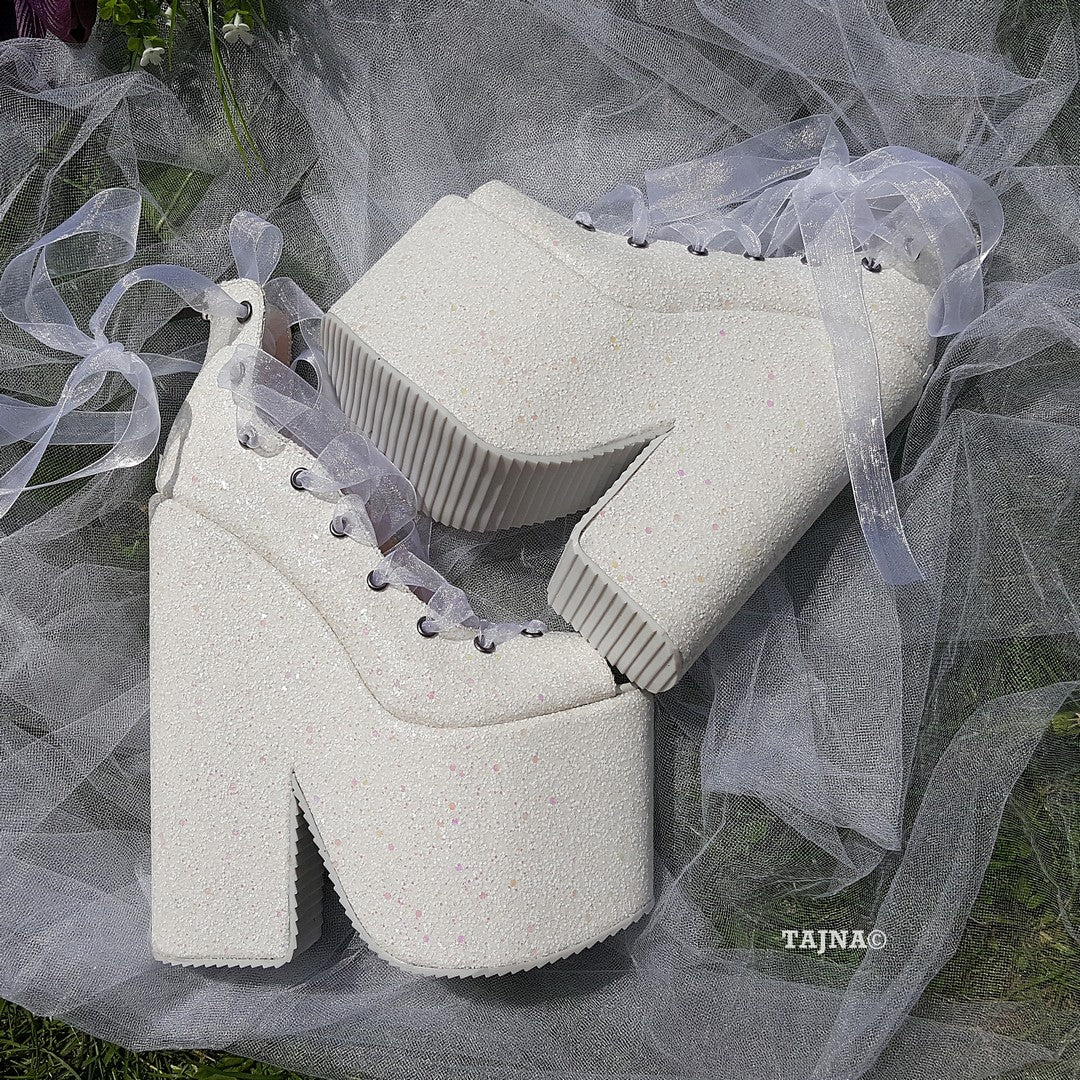 Sparkling White Lace Up Balerinas Super Wedge Shoes 20 cm